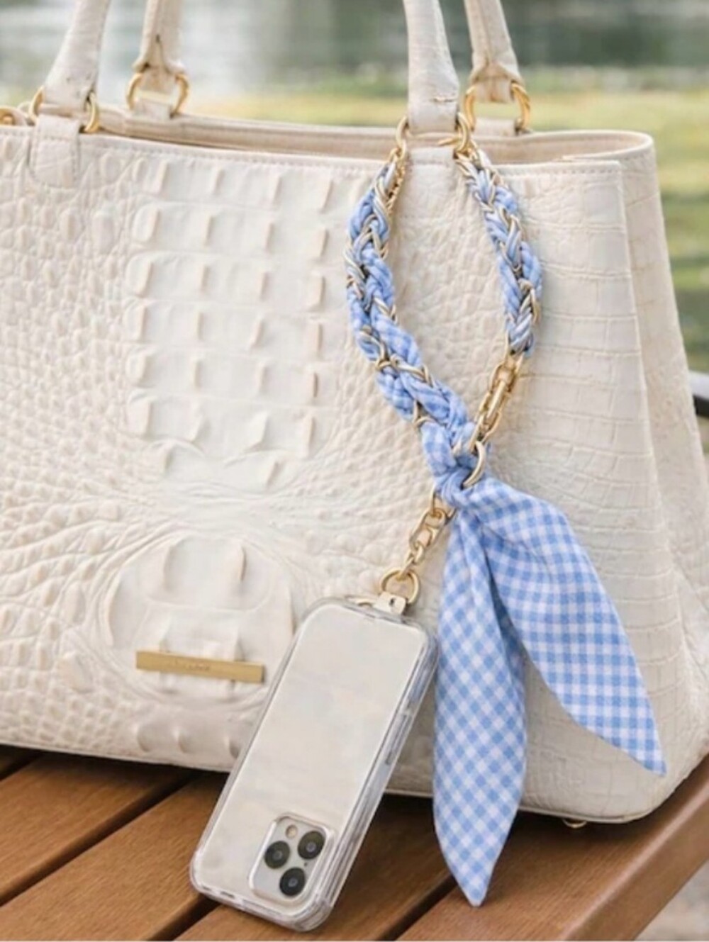 Panacea Cache-Gingham Phone Scarf Wristlet 🩵🤍